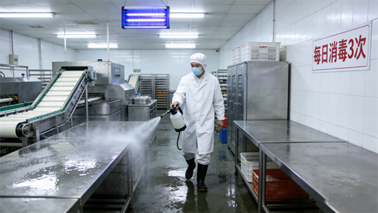 食品厂消毒处理场景图提示词
